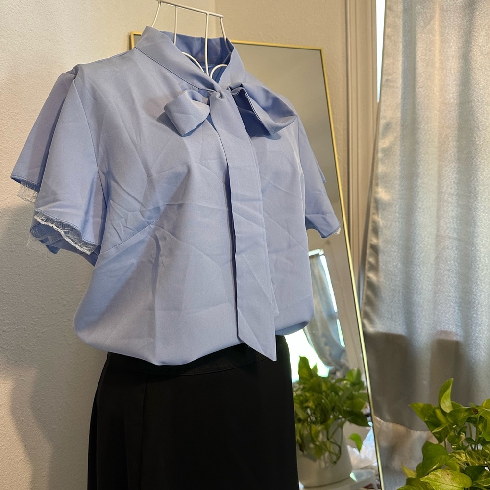 Blue Flutter Sleeve Blouse with Tie Front